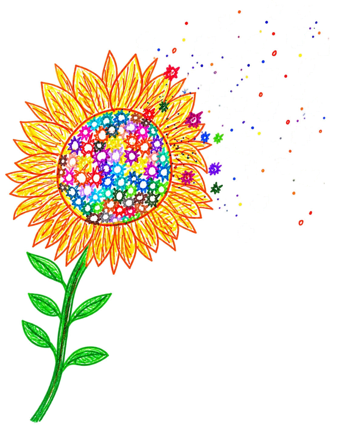 A hand-drawn sunflower sending a scatter of coloured suns into the sky
